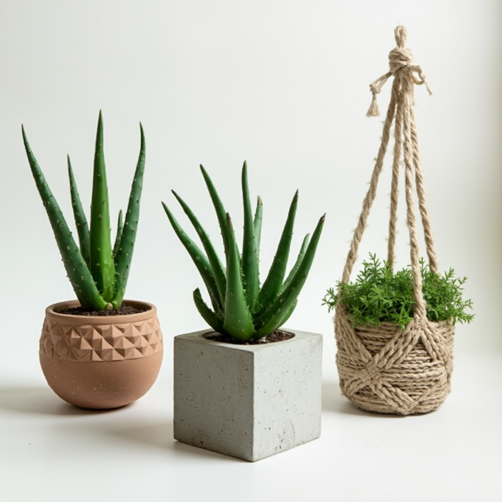 Kolekcja różnych doniczek dla aloesu zwyczajnego (Aloe vera): ceramiczna z wzorem geometrycznym, betonowa w kształcie sześcianu, wiszący pojemnik makramowy. Wszystkie z widoczną warstwą drenażu.