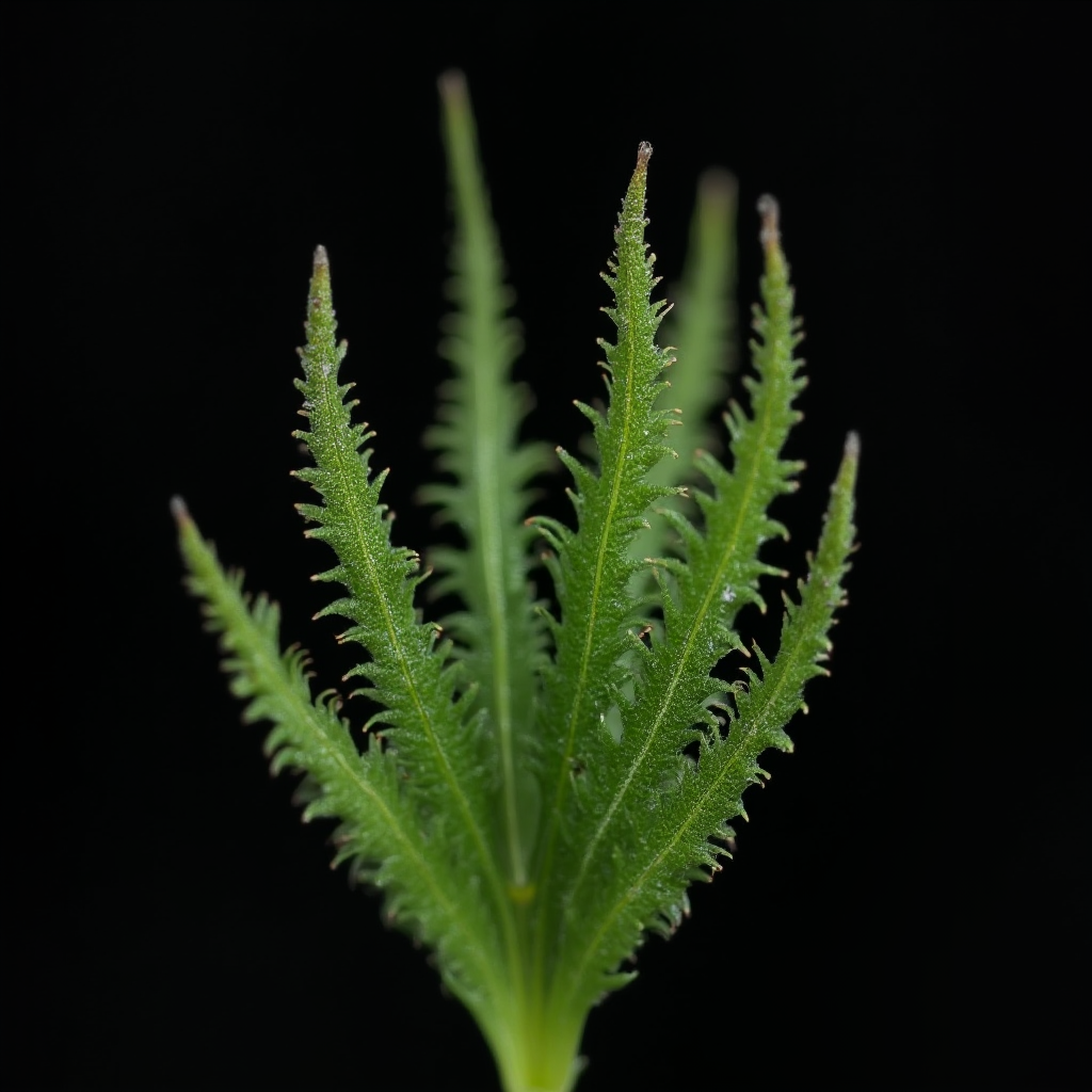 Makro zdjęcie liści Beaucarnea gracilis (słoniowa łapa) ukazujące ząbkowane krawędzie i woskową powłokę. Kadr pod kątem 45 stopni, czarne tło, oświetlenie boczne.