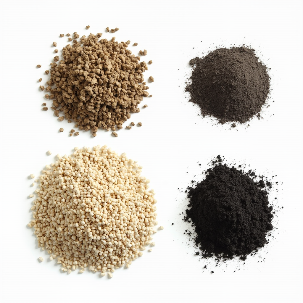 Składniki podłoża dla Beaucarnea gracilis (słoniowa łapa) rozłożone osobno: ziemia kaktusowa, perlit, keramzyt i węgiel drzewny. Kadr z góry na białym tle, naturalne oświetlenie.