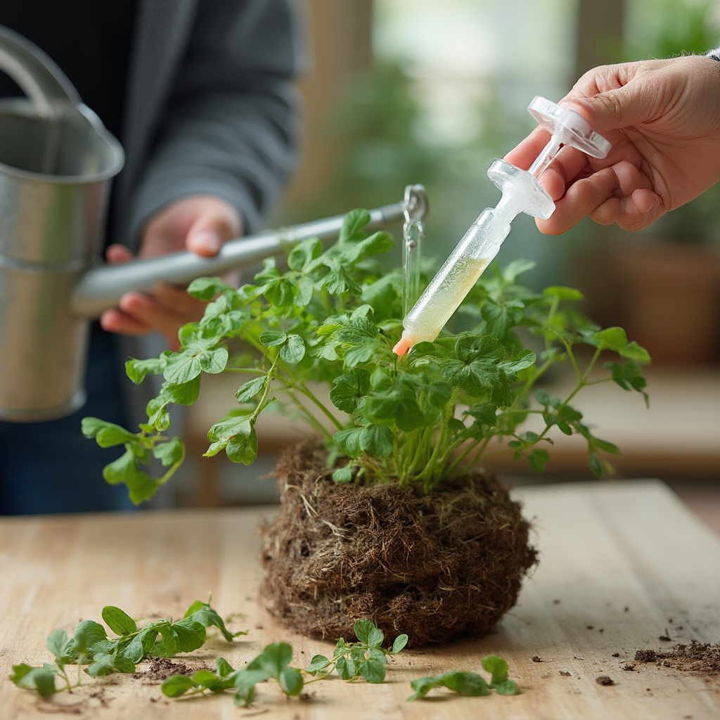 Sekwencja pielęgnacyjna Beaucarnea gracilis (słoniowa łapa): podlewanie konewką z długim dzióbkiem, nawożenie strzykawką z płynnym nawozem, usuwanie suchych liści. Kadr z perspektywy stołu, rozmyte tło.