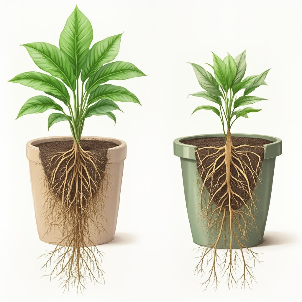 Porównanie systemu korzeniowego Beaucarnea gracilis (słoniowa łapa) w donicy ceramicznej i plastikowej. Widoczna różnica w rozłożeniu korzeni. Kadr przekrojowy, schematyczna grafika.