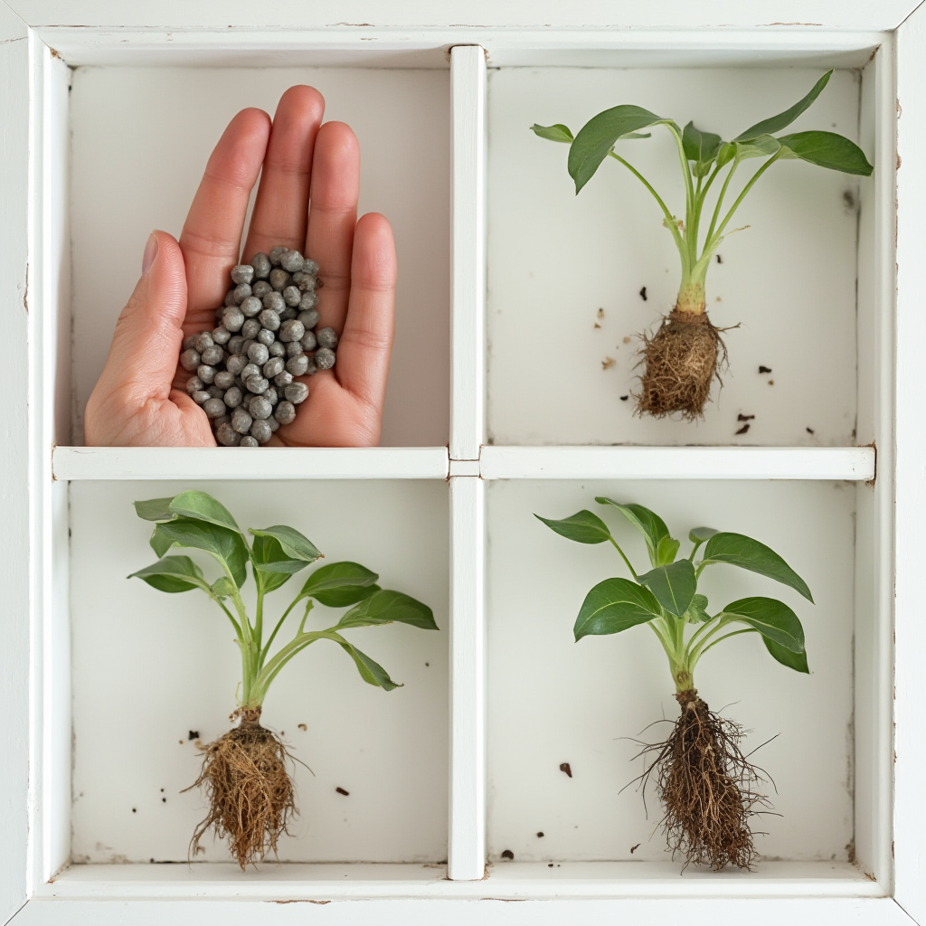 Etapy rozmnażania Beaucarnea gracilis (słoniowa łapa): nasiona na dłoni, młoda siewka w mini szklarni, odrost korzeniowy. Kadr kolażowy z białymi ramkami.