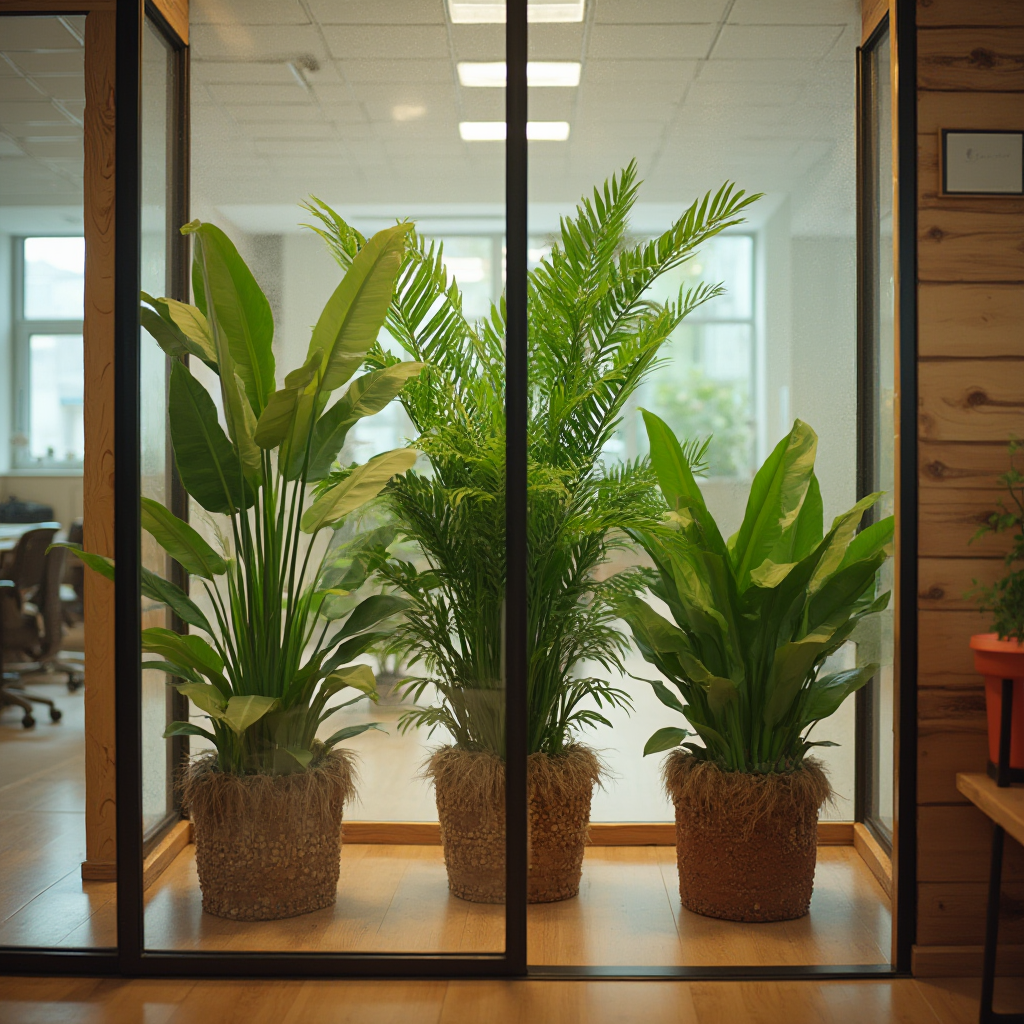 Beaucarnea gracilis (słoniowa łapa) w aranżacji biurowej – trzy rośliny w szklanej przestrzeni z drewnianymi elementami. Kadr szerokokątny, ciepła kolorystyka.