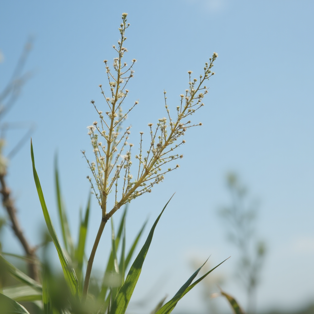 Kwiatostan Beaucarnea gracilis (słoniowa łapa) w środowisku naturalnym – smukły pęd z drobnymi kwiatami. Kadr z perspektywy żabiej, niebo w tle.