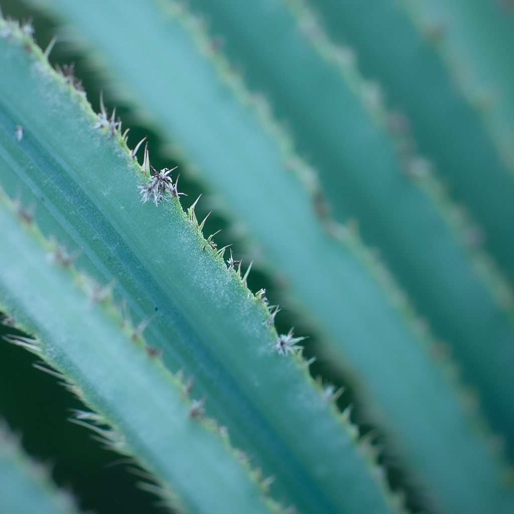 Makro zdjęcie liści Beaucarnea gracilis pokazujące ich niebieskawy nalot woskowy i postrzępione brzegi. Kadr: zbliżenie na kilka liści ułożonych równolegle z widocznymi detalami struktury.