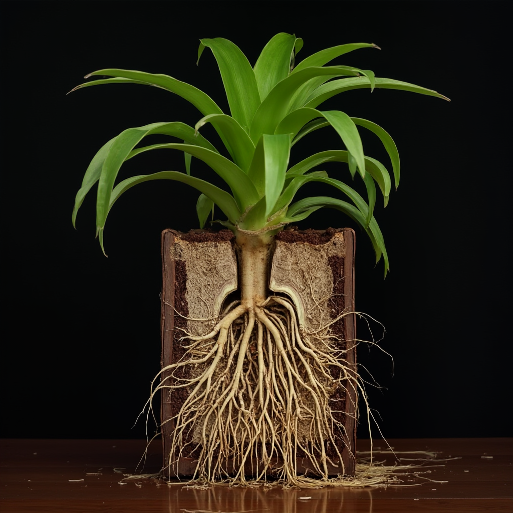 Przekrój przez system korzeniowy Beaucarnea gracilis ukazujący bulwiastą podstawę i rozłożyste korzenie. Kadr: roślina wyjęta z doniczki z widoczną strukturą korzeni na tle ciemnego tła.