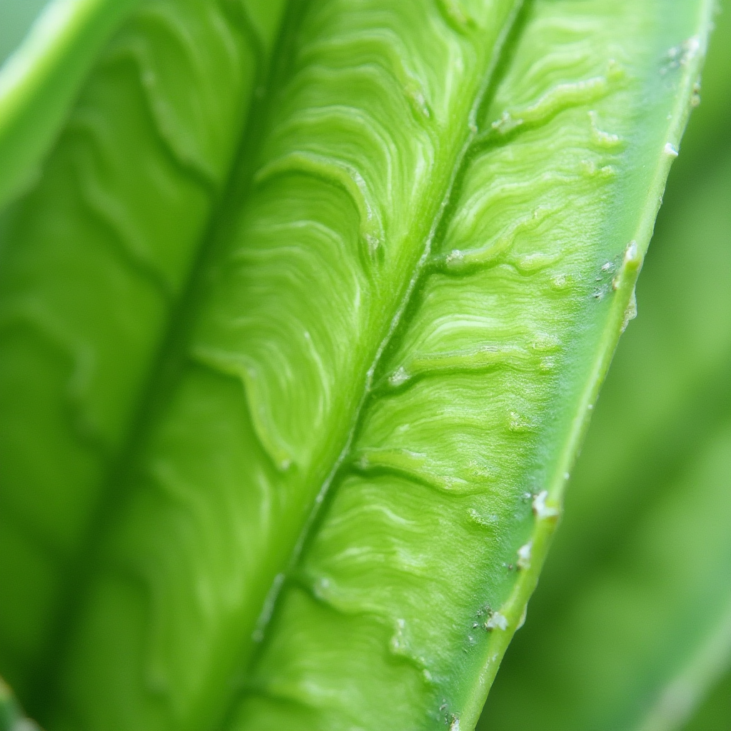 Makro zdjęcie liści Beaucarnea nana (Beaucarnea karłowata), pokazujące wiązki przewodzące i strukturę włókien, jasnozielone odcienie z delikatnym nalotem woskowym