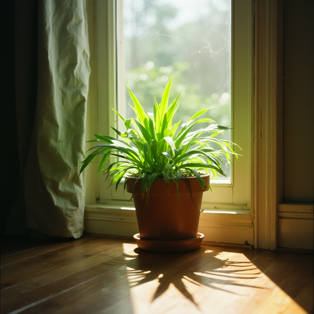 Beaucarnea nana (Beaucarnea karłowata) na parapecie zachodniego okna, promienie słoneczne przechodzące przez liście, cień rzucany na drewnianą podłogę