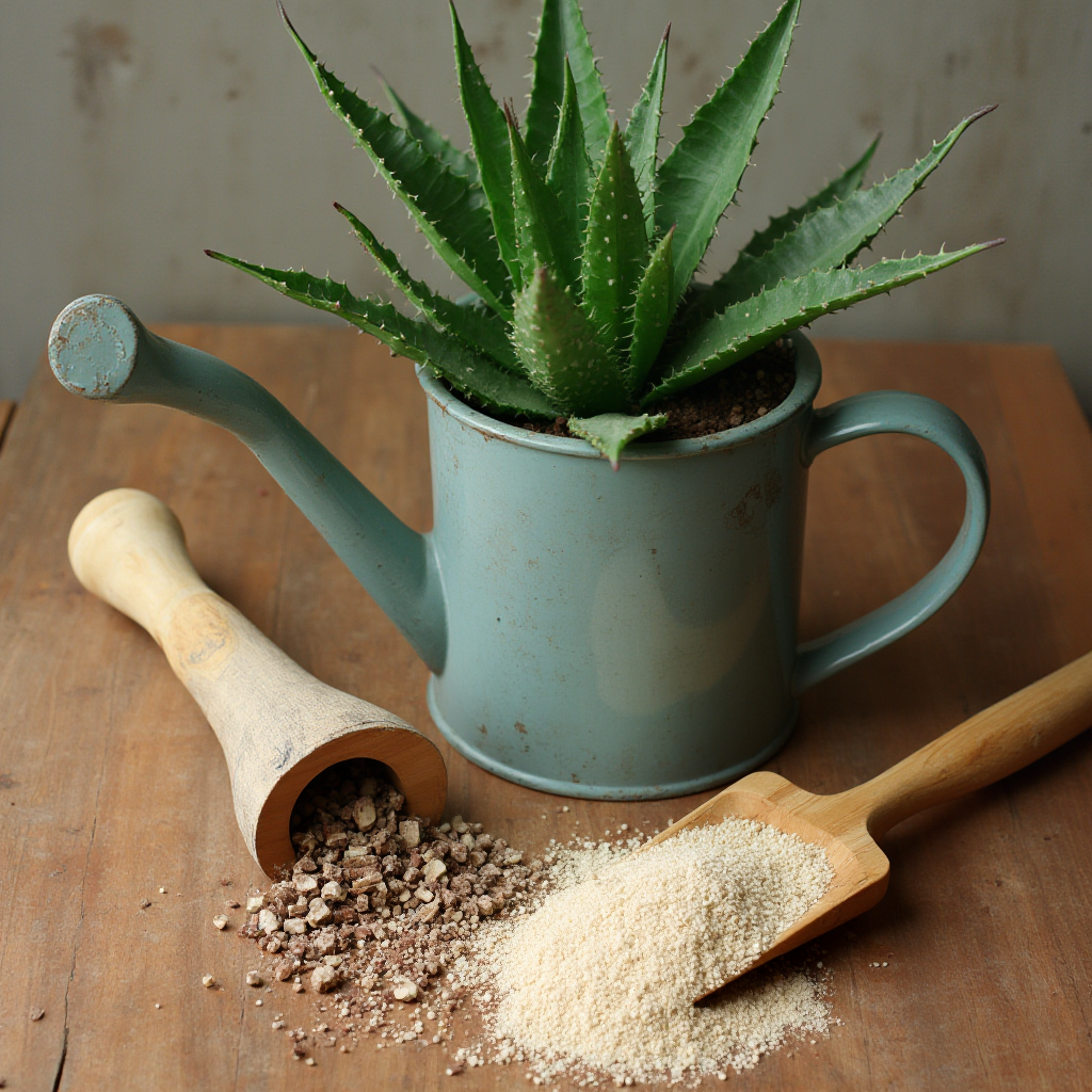 Narzędzia do pielęgnacji Beaucarnea nana (Beaucarnea karłowata): drewniany miernik wilgoci, konewka z długą szyjką, granulki nawozu organicznego na drewnianej łopatce