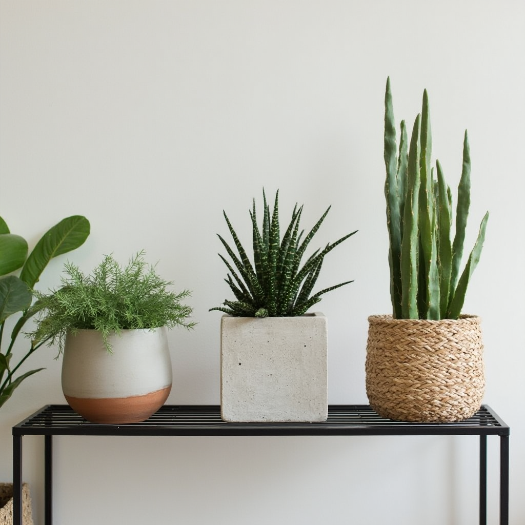 Trzy doniczki dla Beaucarnea nana (Beaucarnea karłowata) w różnych stylach: minimalistyczna ceramika, betonowy sześcian, pleciony kosz z włókna, ustawione na metalowej półce