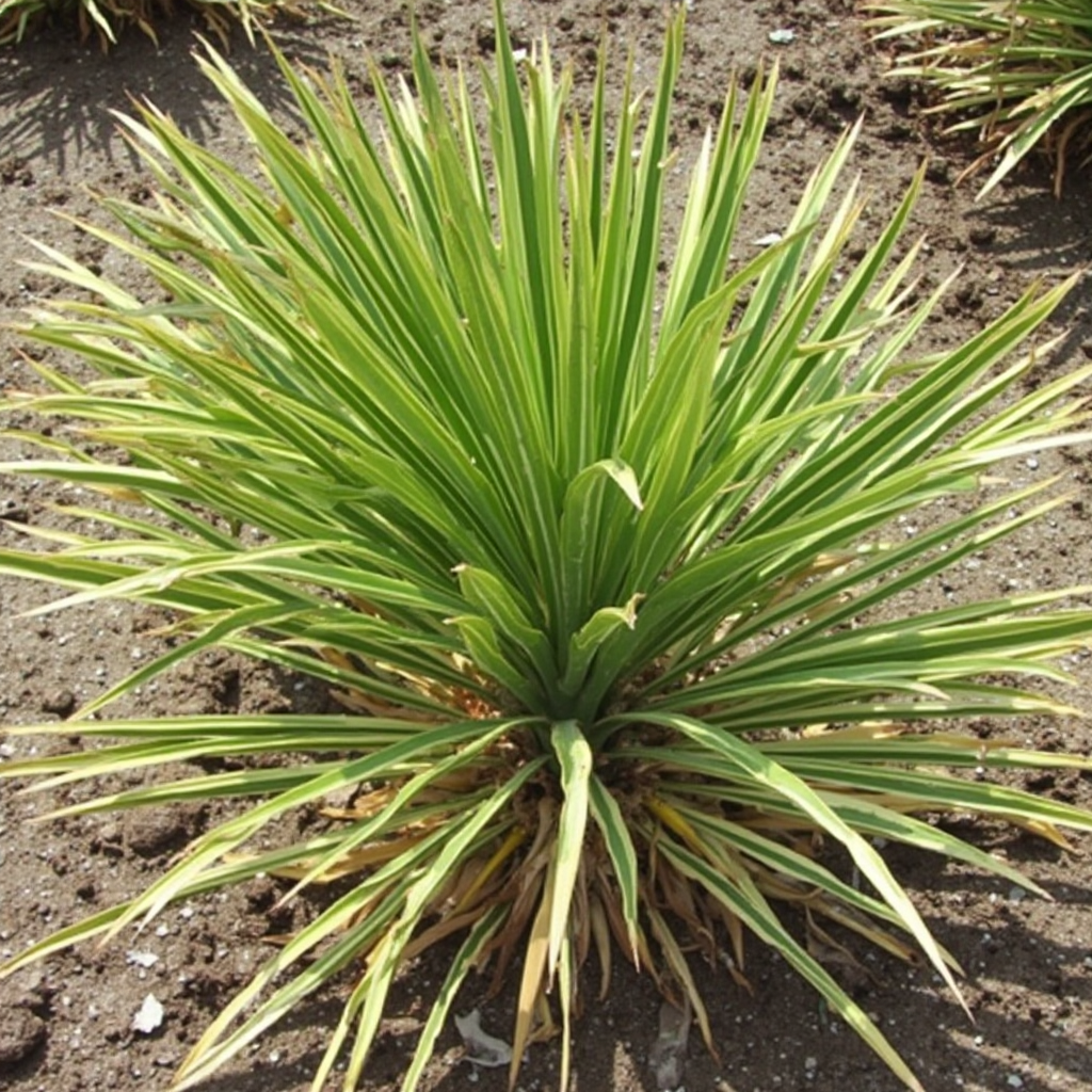 Chora Beaucarnea nana (Beaucarnea karłowata) z objawami przelania: żółknące liście u podstawy, lekko pomarszczony kaudeks, widoczna mokra ziemia w tle