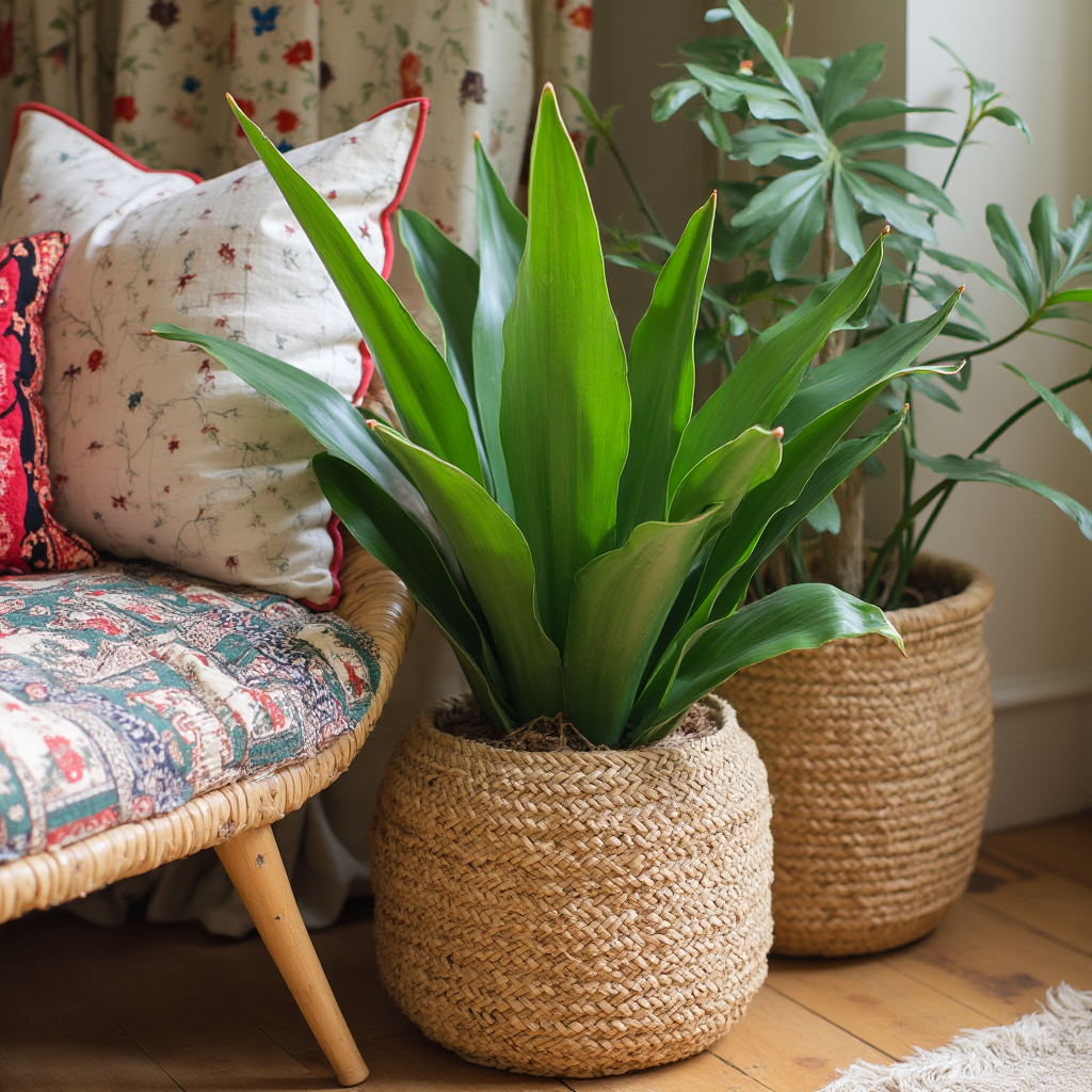 Aranżacja wnętrza z Beaucarnea nana (Beaucarnea karłowata) w stylu boho: roślina w okrągłej wiklinowej osłonce, obok poduszki z etnicznymi wzorami, jasne drewno i roślinne tkaniny w tle