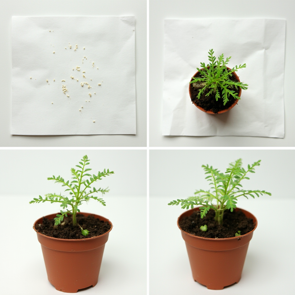 Etapy rozmnażania Beaucarnea nana (Beaucarnea karłowata): nasiona na białym papierze, sadzonki w wilgotnym perlicie, młode rośliny w małych doniczkach torfowych