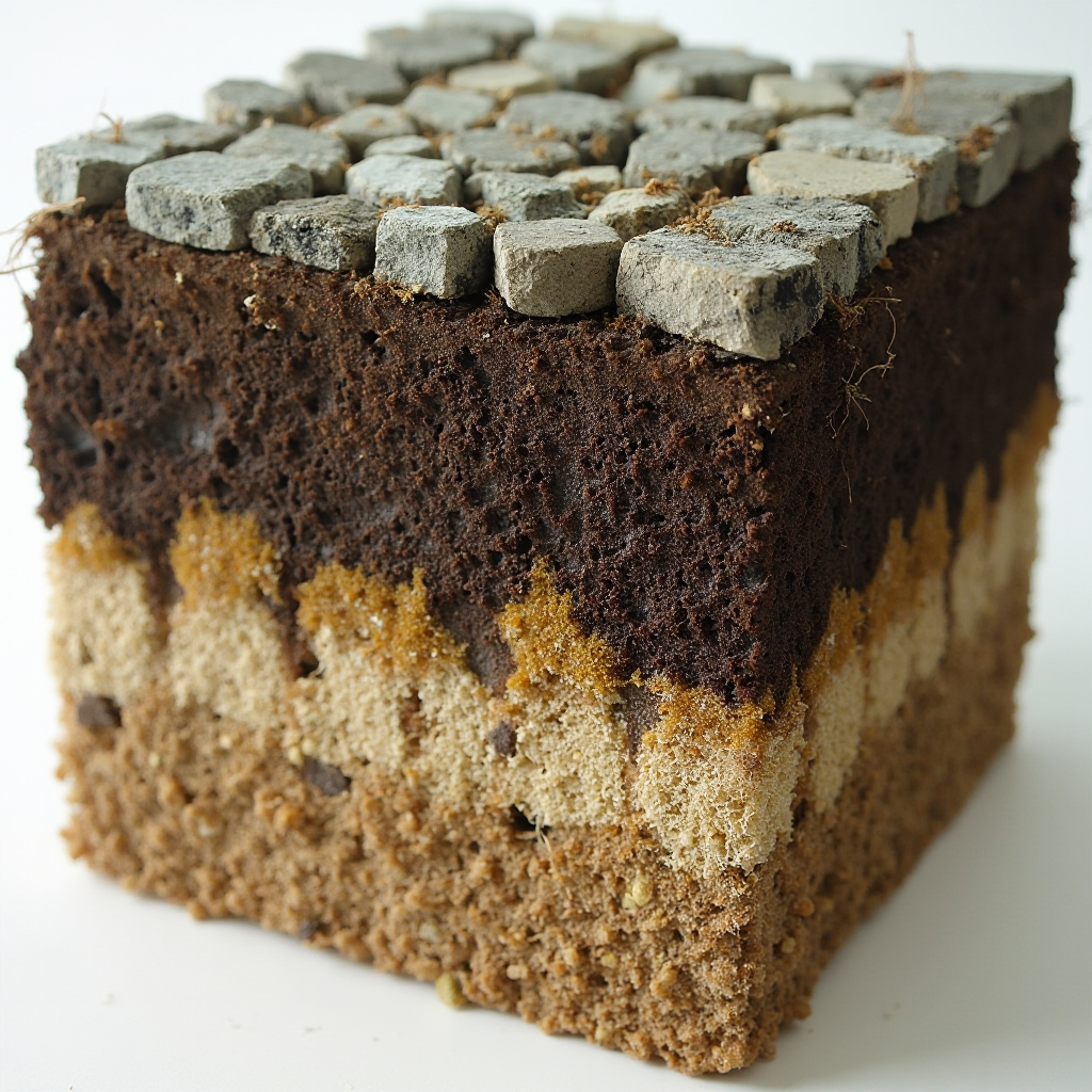 Warstwowe podłoże w przekroju: kamienie drenażowe, mieszanka ziemi z piaskiem i perlitem, korzenie Beaucarnea. Kadr: zbliżenie na profil gleby z widocznymi frakcjami składników.