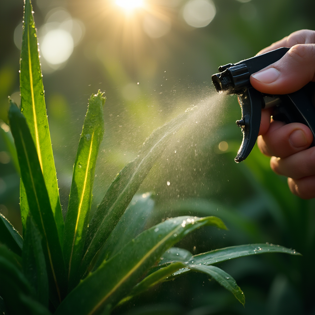 Ręka z opryskiwaczem rozpylająca mgiełkę wodną wokół liści Beaucarnea. W tle widać światło przechodzące przez krople wody. Kadr: zbliżenie na liście z kroplami rosy.