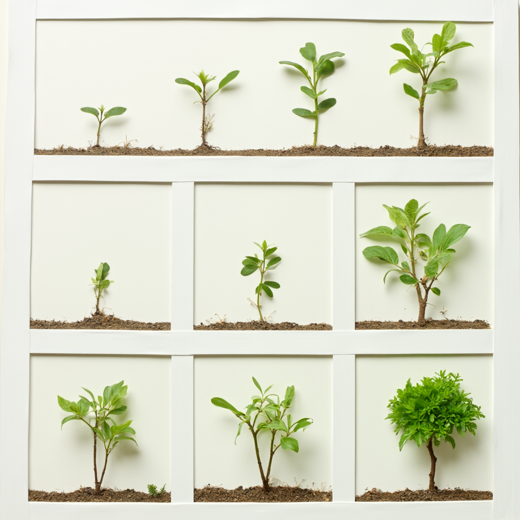 Sekwencja zdjęć pokazująca rozwój Beaucarnea od małej sadzonki do dorosłego okazu. Kadr: pięć ujęć w linii poziomej, ilustrujące zmiany w pokroju rośliny.