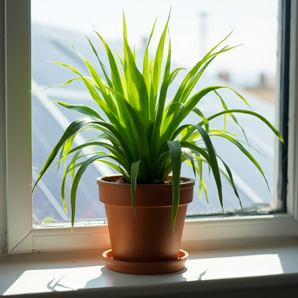 Beaucarnea w ekologicznej donicy z recyklingu, stojąca na parapecie z panelami słonecznymi w tle. Kadr: ujęcie podkreślające zrównoważony charakter uprawy.
