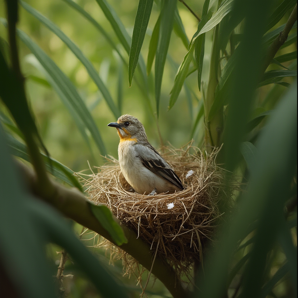 Beaucarnea pliabilis w naturalnym środowisku z ptakiem gniazdującym w liściach, kadr przyrodniczy z miękkim światłem poranka
