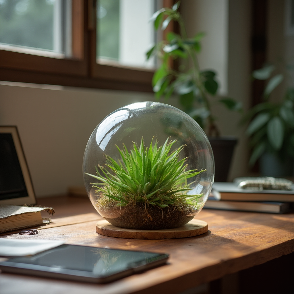 Beaucarnea pliabilis w szklanej kuli jako część wystroju biura – nowoczesne biurko z drewna tekowego, notatniki i tablet, kadr w stylu lifestylowym