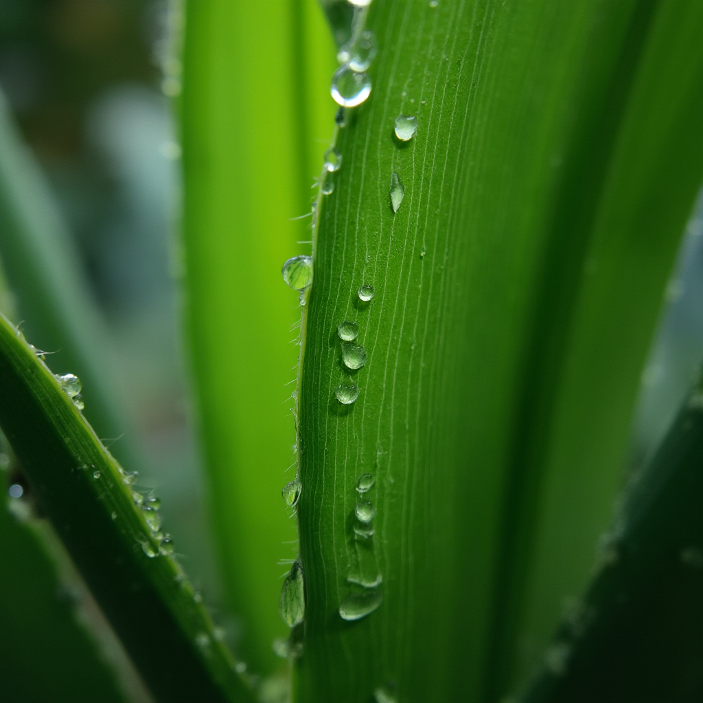Makro zdjęcie liści Beaucarnea pliabilis – struktura włókien na brzegach liści, krople wody na powierzchni, oświetlenie boczne podkreślające fakturę, kadr pionowy
