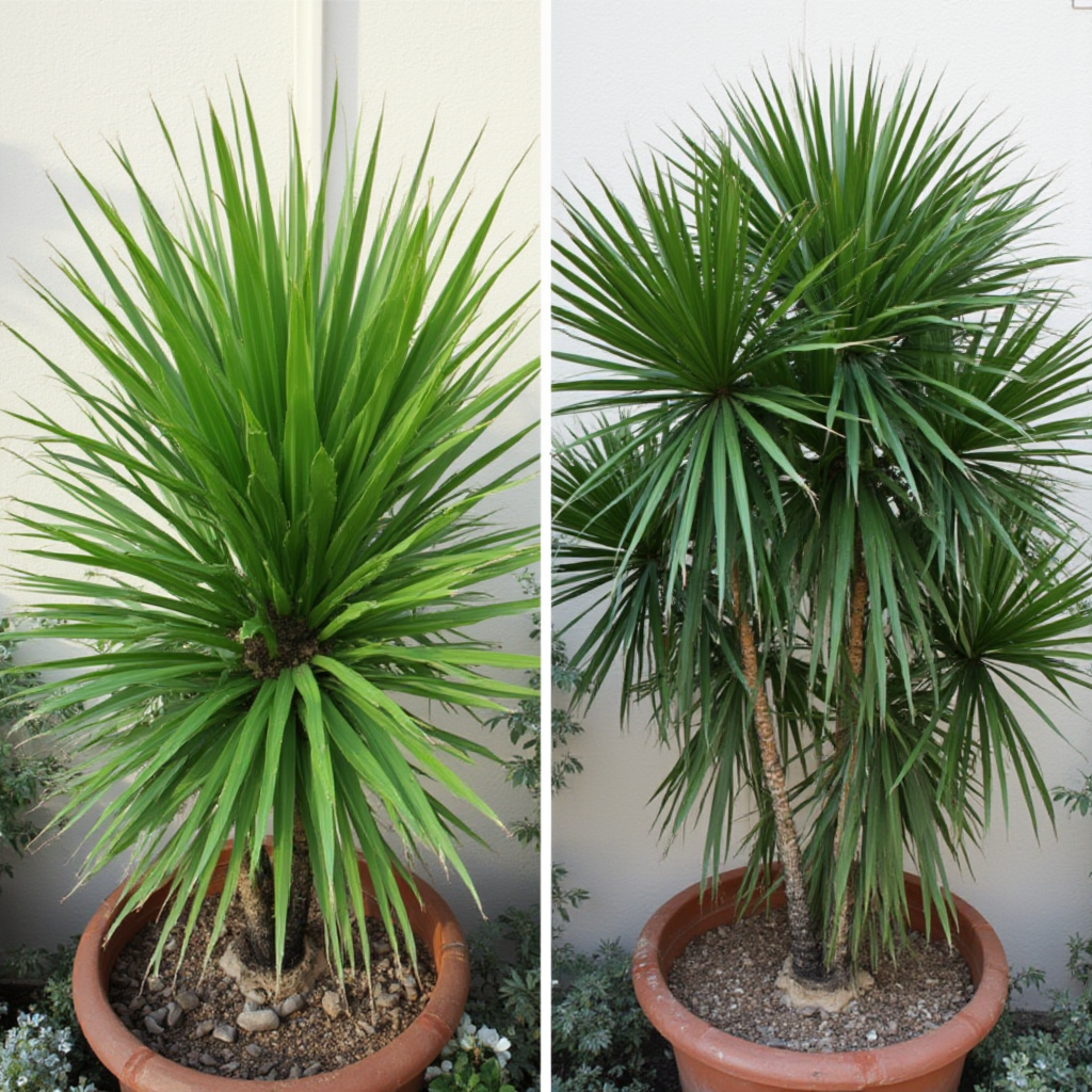 Porównanie liści Beaucarnea pliabilis w różnych warunkach świetlnych – po lewej roślina w pełnym słońcu z krótszymi, sztywniejszymi liśćmi, po prawej okaz w półcieniu z dłuższymi, zwisającymi liśćmi, kadr poziomy