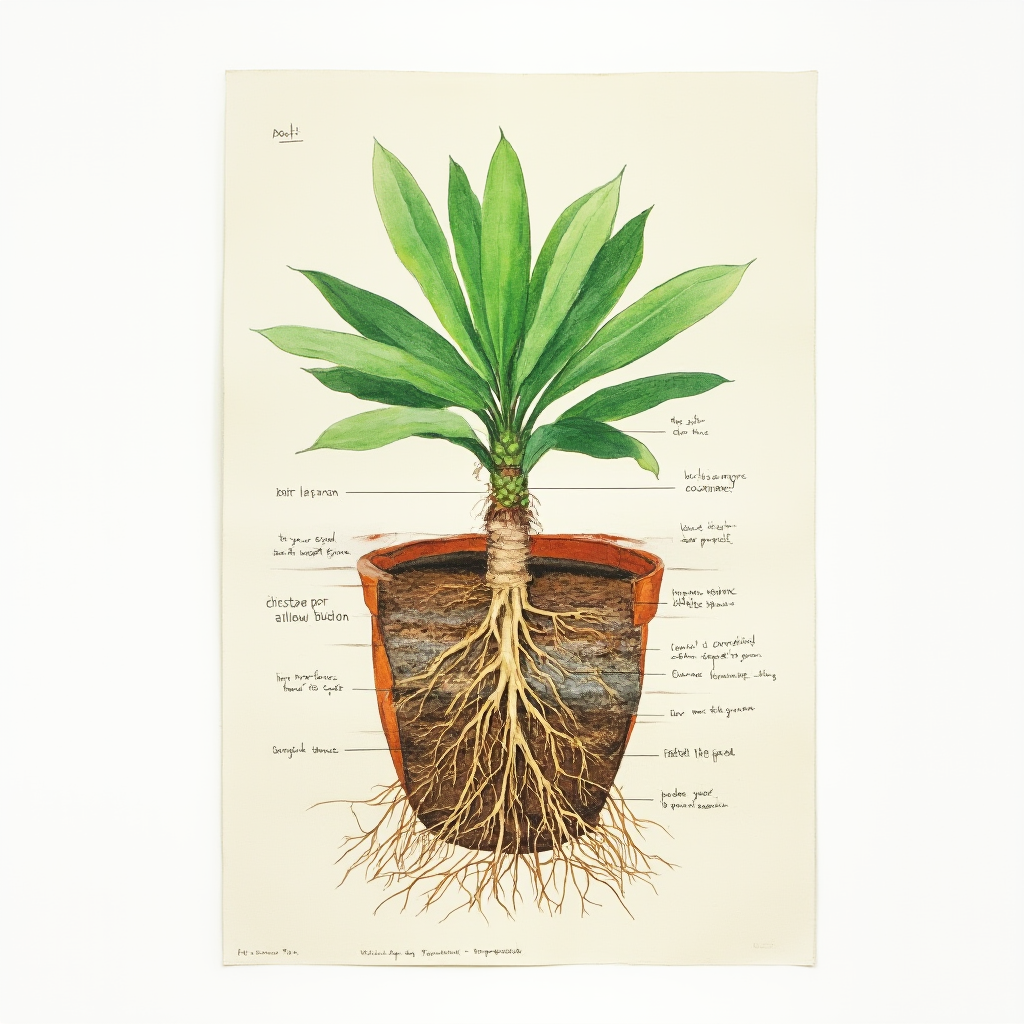 Schemat korzeniowy Beaucarnea pliabilis – przekrój przez doniczkę ukazujący płytki system korzeniowy i warstwy drenażu, infografika w stylu akwarelowym, kadr pionowy