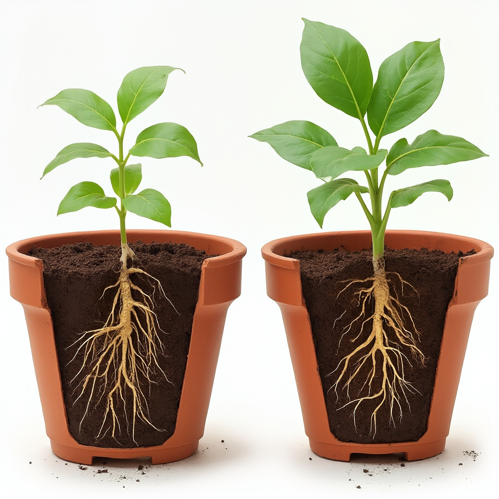 Porównanie rozwoju systemu korzeniowego w różnych typach doniczek – plastikowa vs terakotowa, przekrój ukazujący rozrost korzeni, kadr z góry