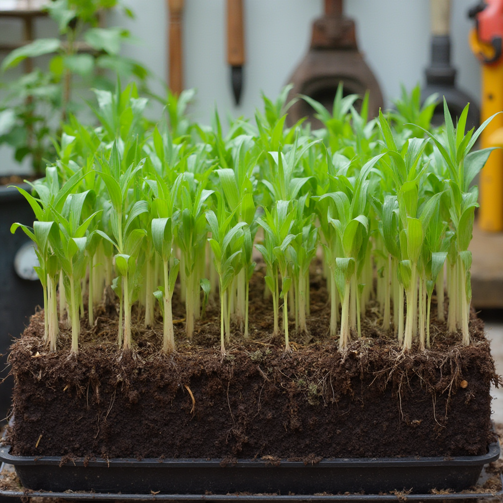 Etapy rozmnażania Beaucarnea pliabilis z odrostów – młode sadzonki w różnych fazach ukorzeniania, tło z narzędziami ogrodniczymi, kadr tabelaryczny