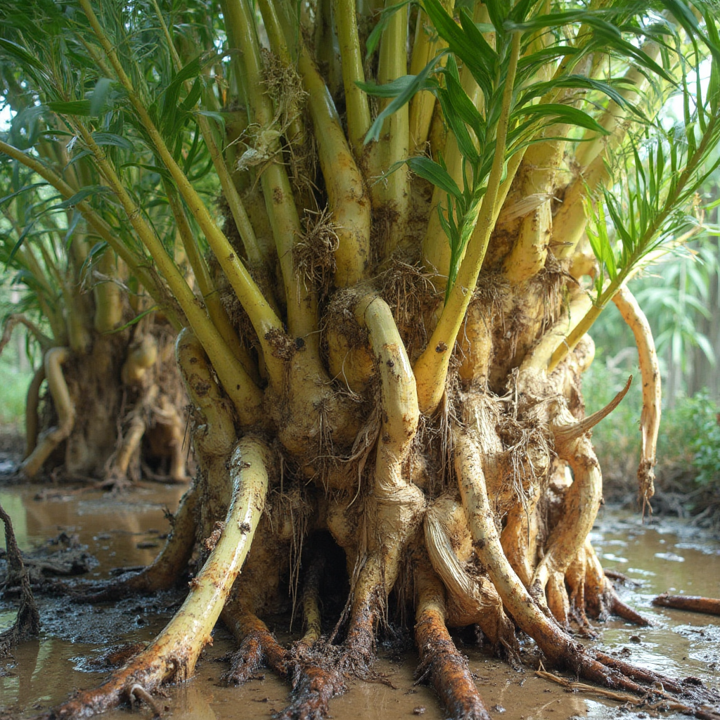Beaucarnea pliabilis z objawami przelania – żółknące liście u podstawy, mokre plamy na pniu, kadr diagnostyczny z podpisami objawów