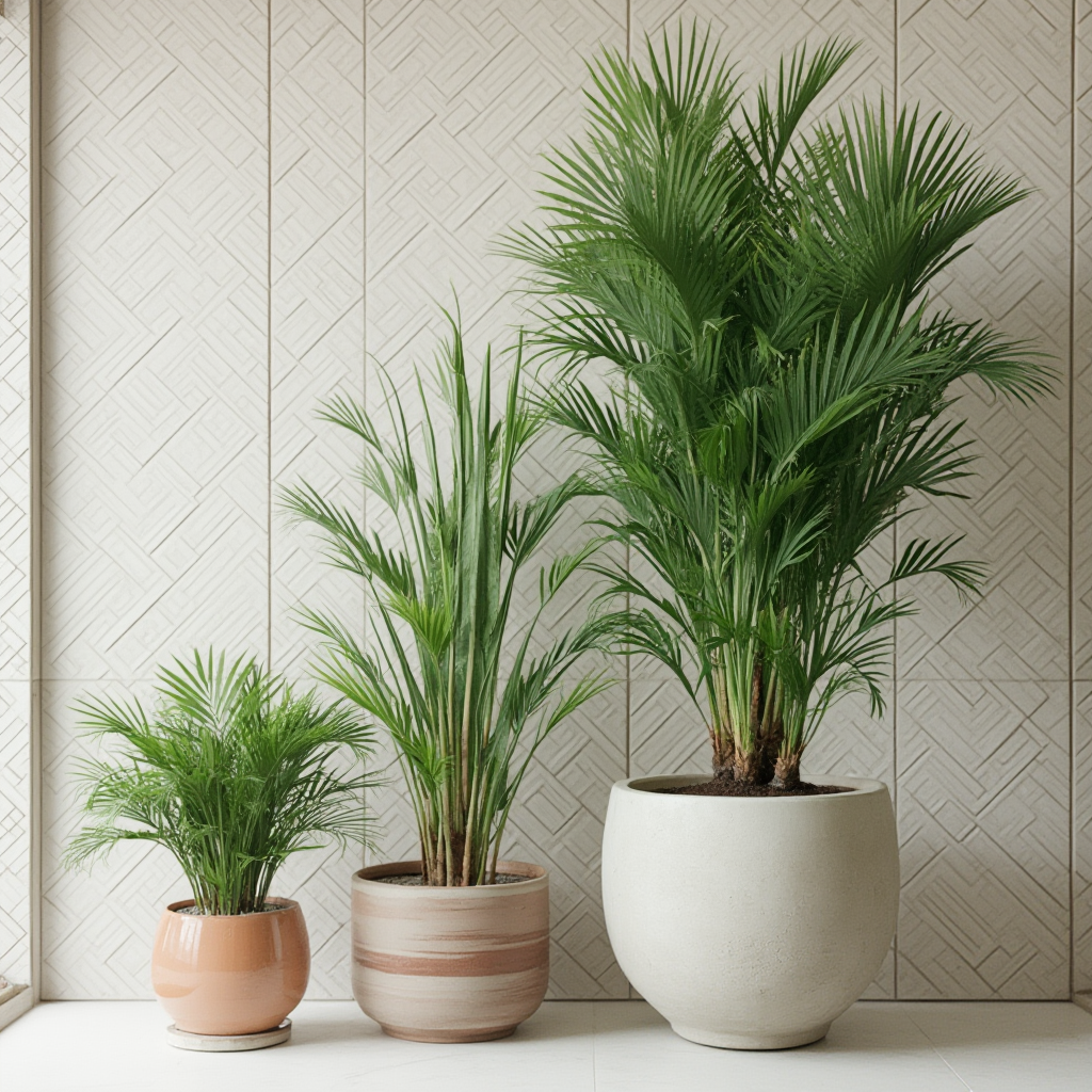 Kompozycja z trzema Beaucarnea pliabilis w różnej wielkości – od miniaturki w ceramicznej doniczce po okaz 1,5 m w betonowej donicy, tło z geometrycznymi wzorami na ścianie, kadr szerokokątny