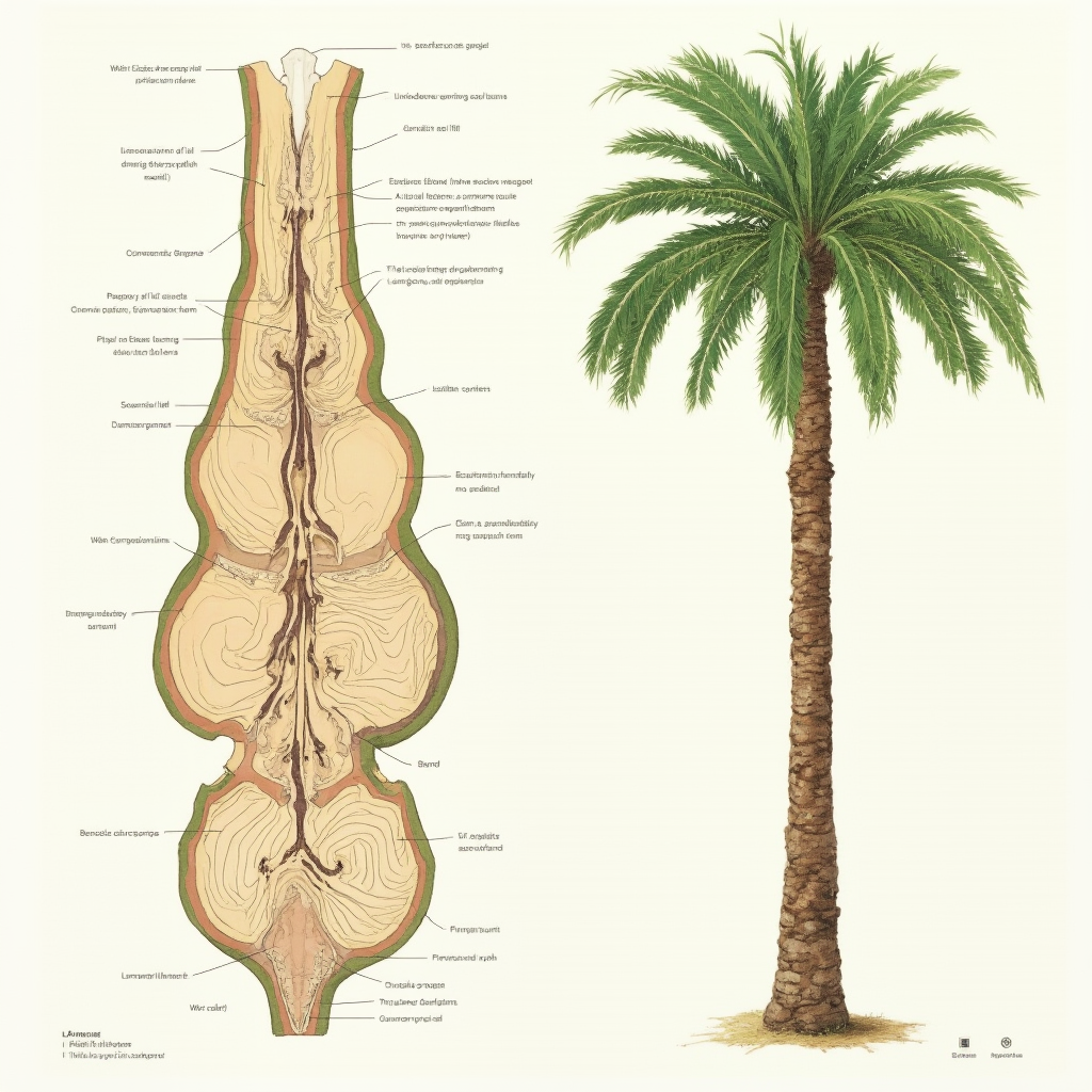 Porównanie budowy anatomicznej Beaucarnea pliabilis i typowej palmy – schematyczne przekroje pni z opisami, kadr edukacyjny