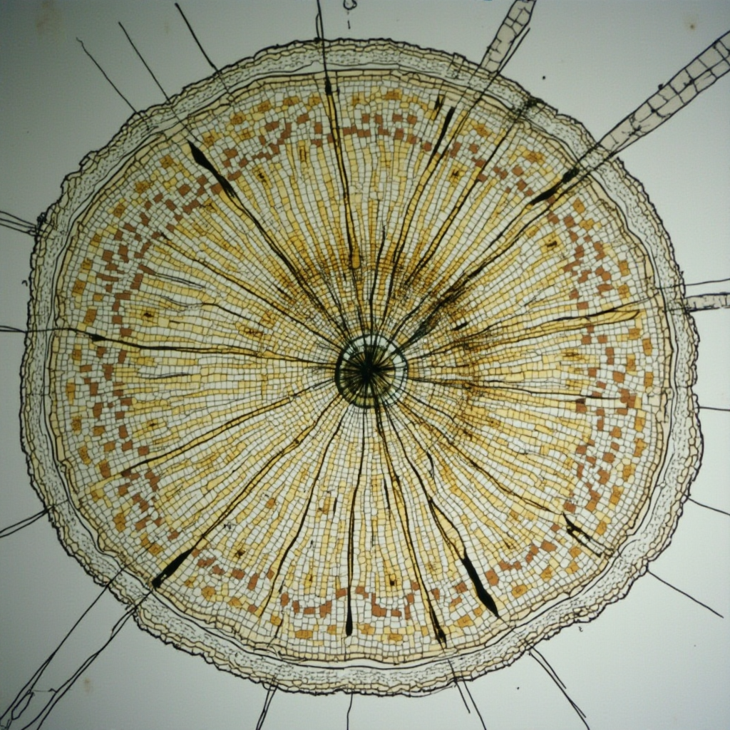Przekrój przez caudex Beaucarnea macrocarpa. Kadr: poprzeczne cięcie ukazujące gąbczastą strukturę tkanki magazynującej wodę. Na pierwszym planie krople wody na przekroju.