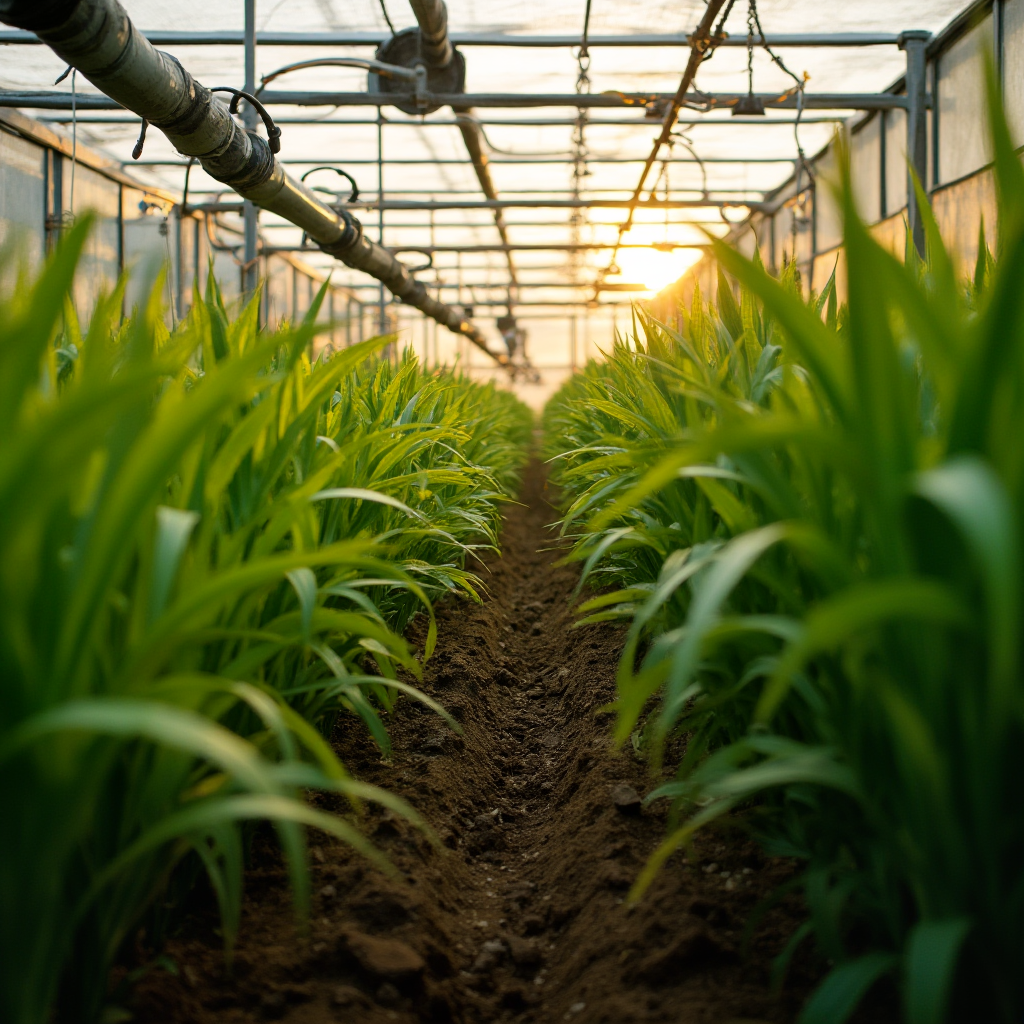 Beaucarnea macrocarpa w szklarni z systemem nawadniania kropelkowego. Kadr: rośliny w rzędach, oświetlone ciepłym światłem słonecznym przechodzącym przez szyby. W tle narzędzia ogrodnicze.