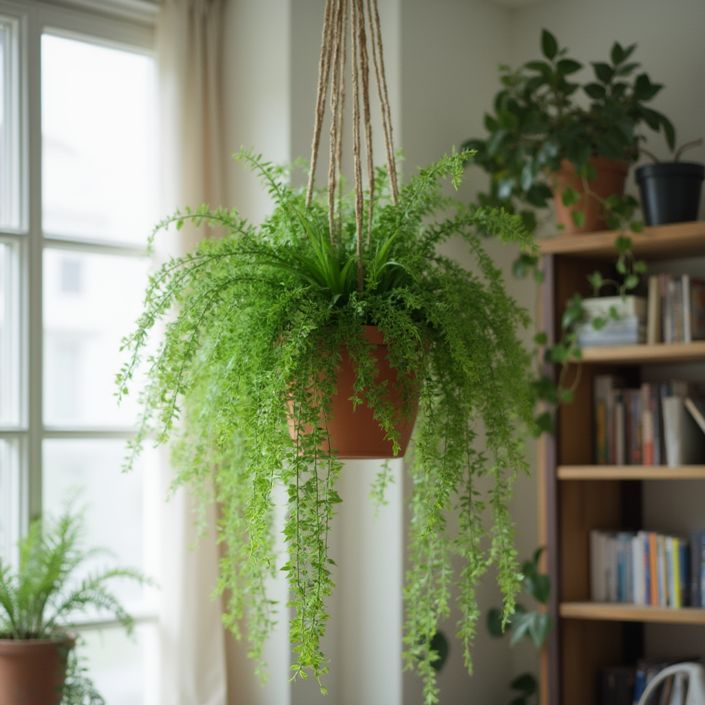 Beaucarnea macrocarpa w wysokiej, wiszącej donicy. Kadr: roślina zawieszona pod sufitem, długie liście spływające w dół. W tle półka z książkami i roślina pnąca.