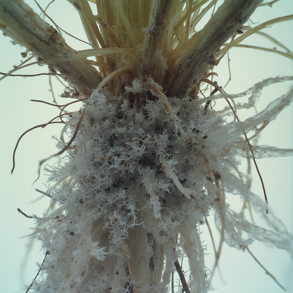 Mikroskopowe zdjęcie korzenia Beaucarnea macrocarpa z widocznymi strzępkami grzyba mikoryzowego. Kadr: powiększenie 400x, szare strzępki oplatające włośniki korzeniowe.