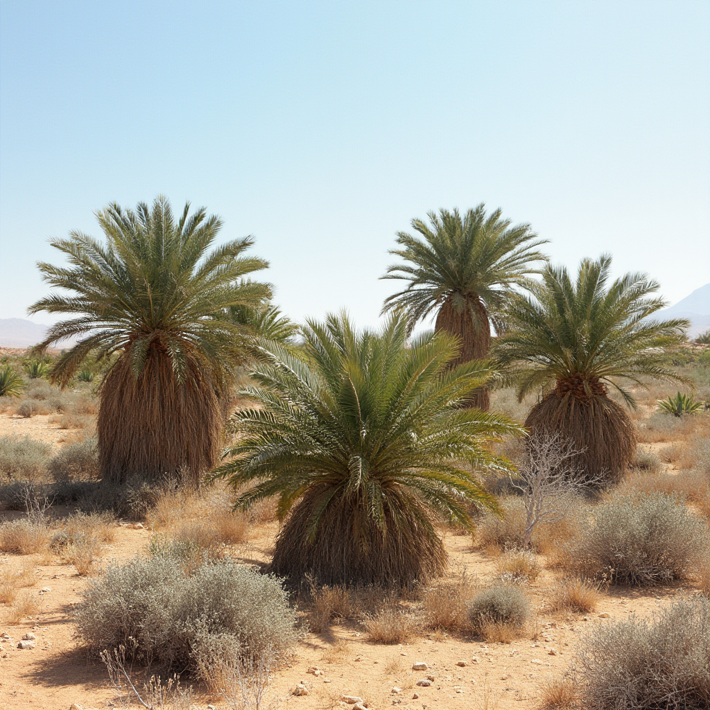 Beaucarnea recurvata w naturalnym środowisku – suchy meksykański krajobraz z kilkoma okazami o masywnych kaudeksach. Kadr szeroki, pokazujący proporcje roślin w stosunku do otoczenia.