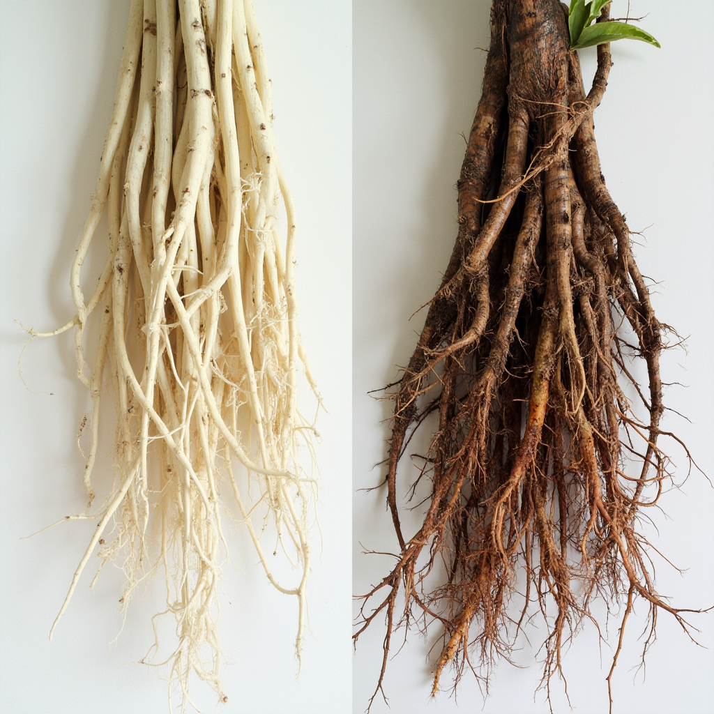 Porównanie zdrowych i chorych korzeni Beaucarnea recurvata. Po lewej białe, jędrne korzenie, po prawej brązowe z oznakami zgnilizny. Kadr z podziałem na pół z opisem.