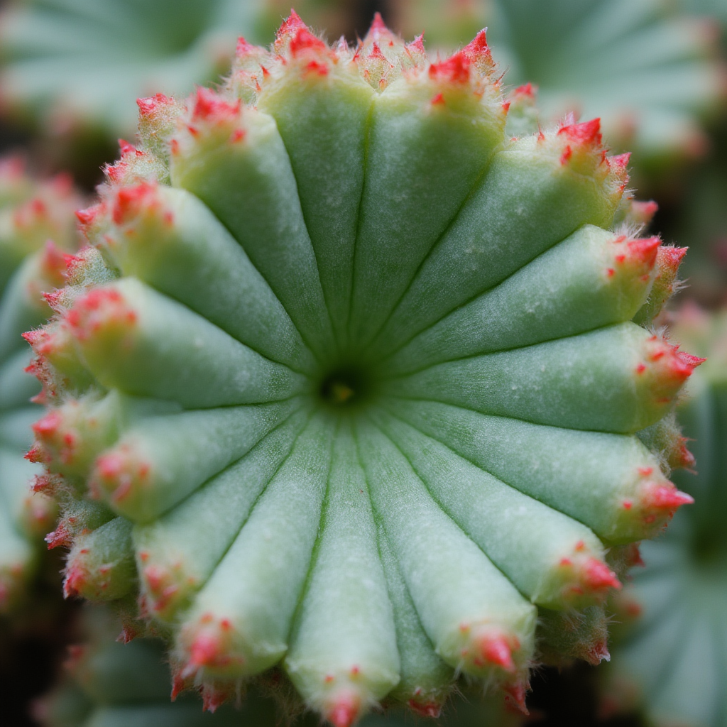 Makro liści Conophytum bilobum. Widoczne mikroskopijne brodawki na powierzchni w kolorze szaro-zielonym z czerwonymi brzegami. Kadr z boku, ostrość na środkową część liścia.