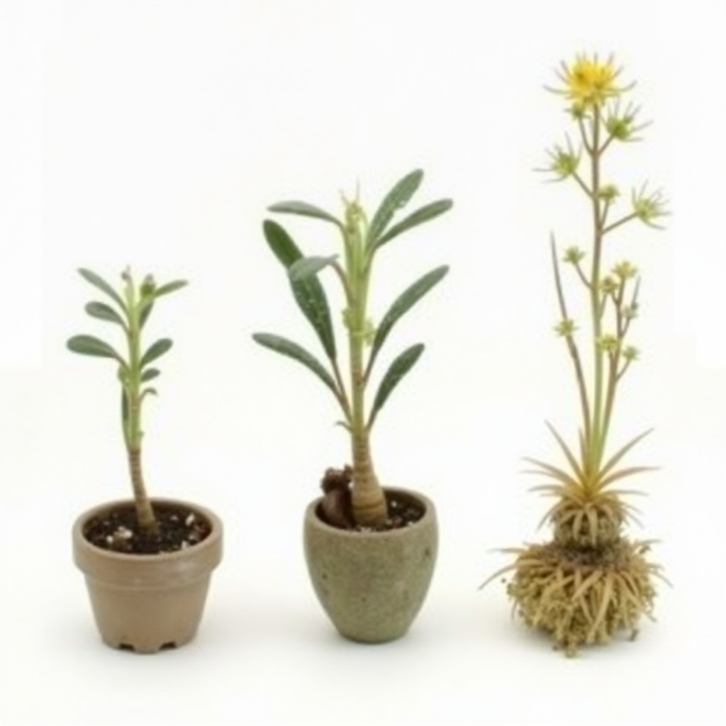 Różne stadia rozwoju Conophytum bilobum. Od lewej: młoda roślina w małej doniczce, dorosły okaz z zaschniętymi liśćmi, kwitnący egzemplarz. Zdjęcie wykonane na białym tle.