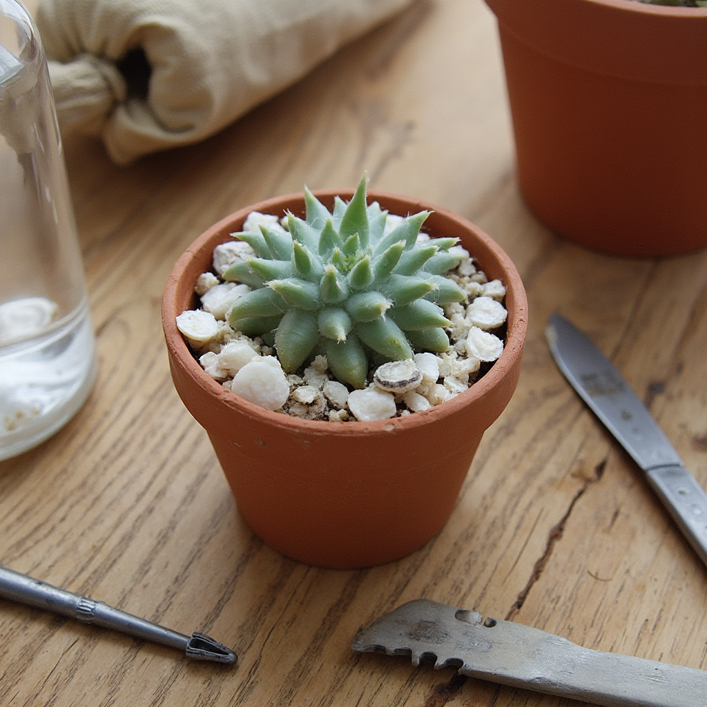 Narzędzia do pielęgnacji Conophytum burgeri (Conophytum burgeri): pipeta, pęseta, doniczka terakotowa, woreczek z akadamą, skalpel ogrodniczy na drewnianym tle