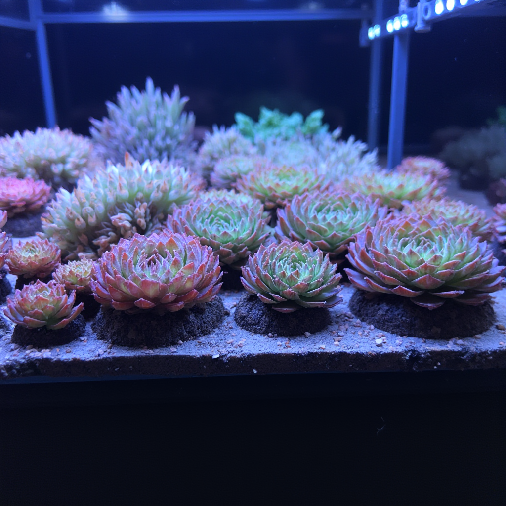 Kolekcja Conophytum burgeri (Conophytum burgeri) w różnych fazach wzrostu ułożona na półce z oświetleniem LED, widoczne różnice w zabarwieniu liści