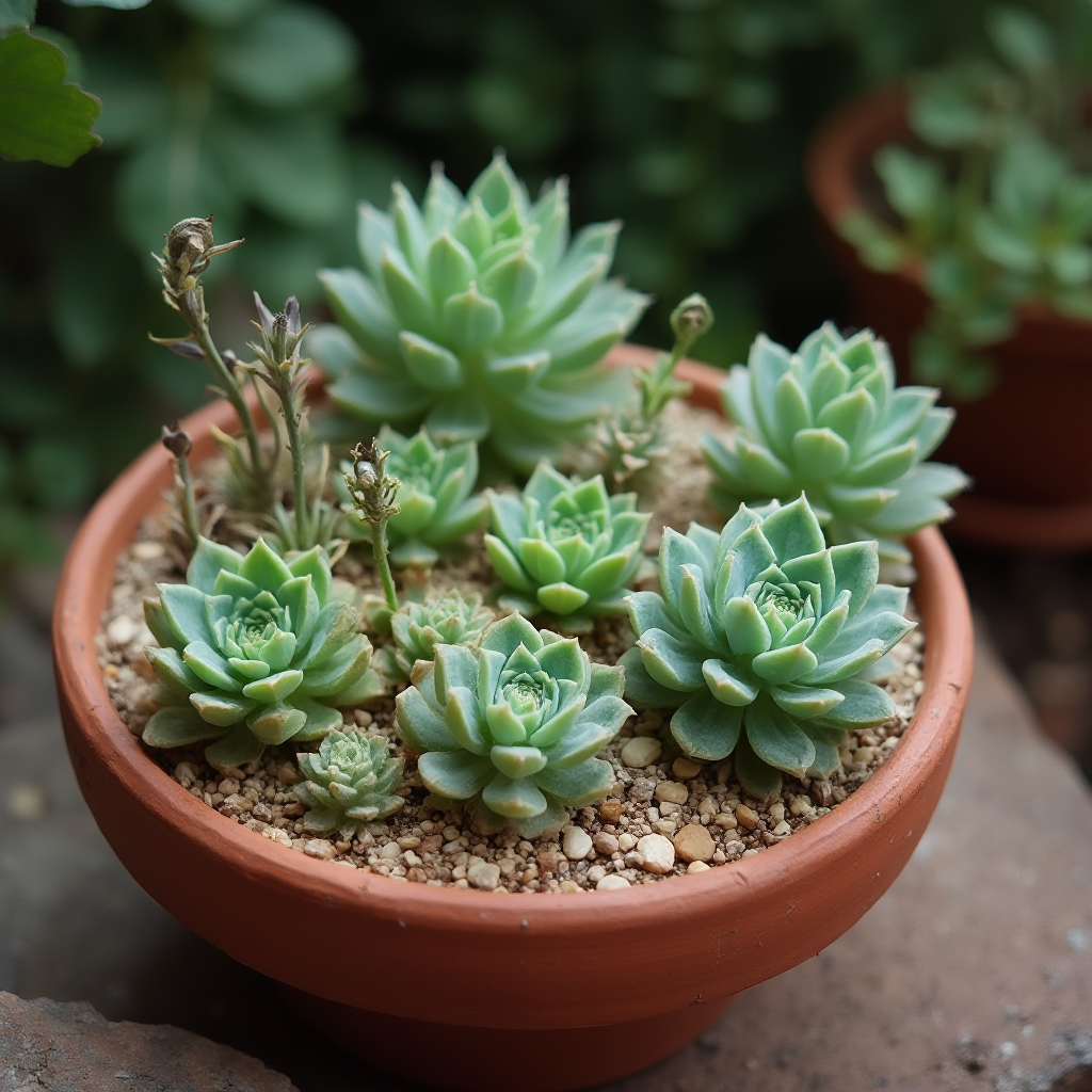 Kompozycja Conophytum ficiforme (Conophytum ficiforme) w płytkiej doniczce terakotowej z widoczną warstwą drenażu z żwiru, stonowane tło, rośliny w różnych fazach rozwojowych, kadr z boku