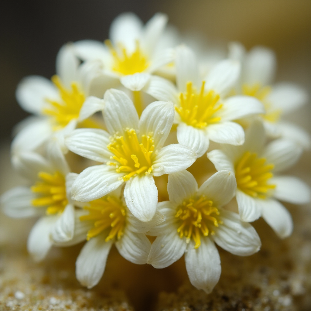 Kwitnące Conophytum ficiforme (Conophytum ficiforme) z białymi kwiatami o żółtych środkach, kadr makro ukazujący szczegóły pręcików, mięsiste ciała rośliny z widocznymi kropkowanymi wzorami, jasne rozproszone światło