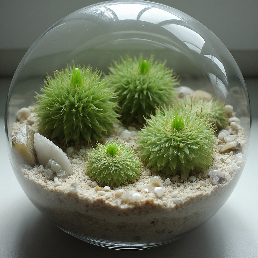 Kolekcja Conophytum minutum (lesser dumpling) w szklanym terrarium. Kompozycja z kamieni kwarcowych i piasku, rośliny w różnych fazach wzrostu. Kadr: ukośny, z naciskiem na kontrast między szarym podłożem a zielonymi kępkami.