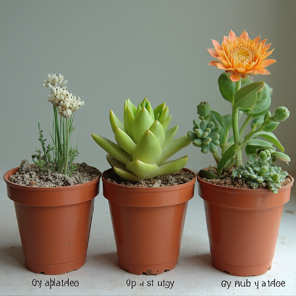 Porównanie trzech faz rozwoju Conophytum minutum (lesser dumpling): spoczynku letniego, aktywnego wzrostu jesienią i kwitnienia. Kadr: trzy doniczki ustawione obok siebie, podpisane etapami fenologicznymi.