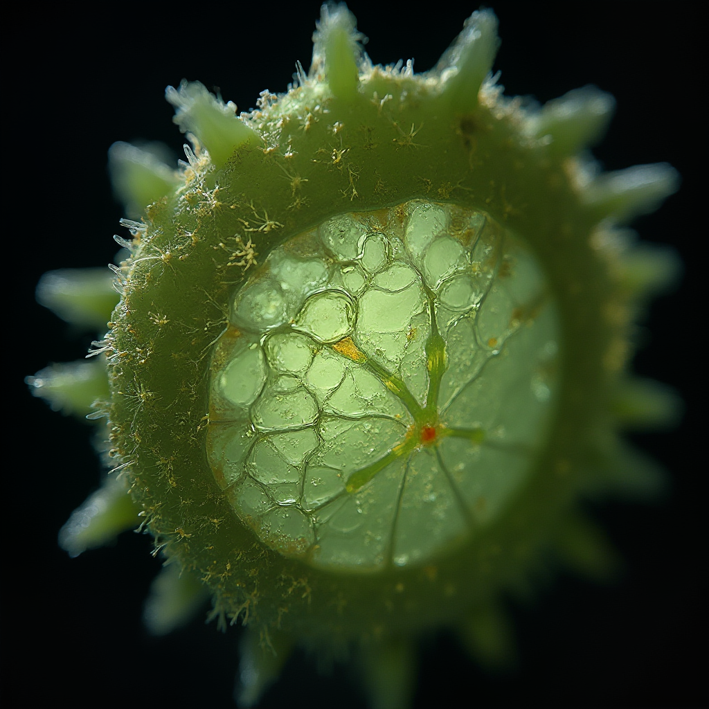 Microscopic cross-section of Conophytum pageae (Conophytum pageae) leaf body showing water storage cells, artistic macro photography with dramatic side lighting