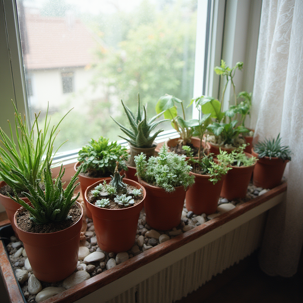 Indoor setup for Conophytum pageae (Conophytum pageae) collection on windowsill with sheer curtains, terracotta pots arranged on humidity tray with pebbles