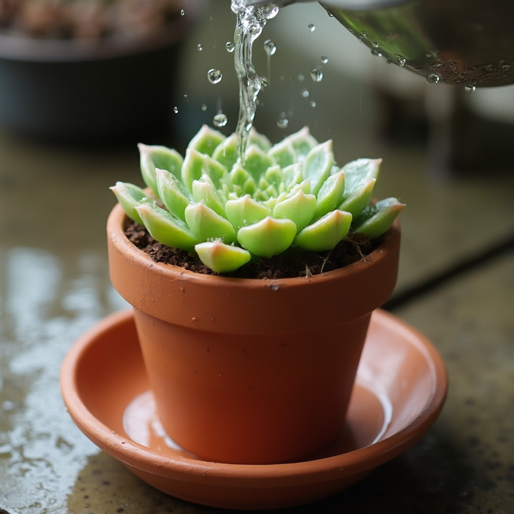 Step-by-step watering demonstration: terracotta pot with Conophytum pageae (Conophytum pageae) being bottom-watered in shallow dish with rainwater, droplets visible on pot surface