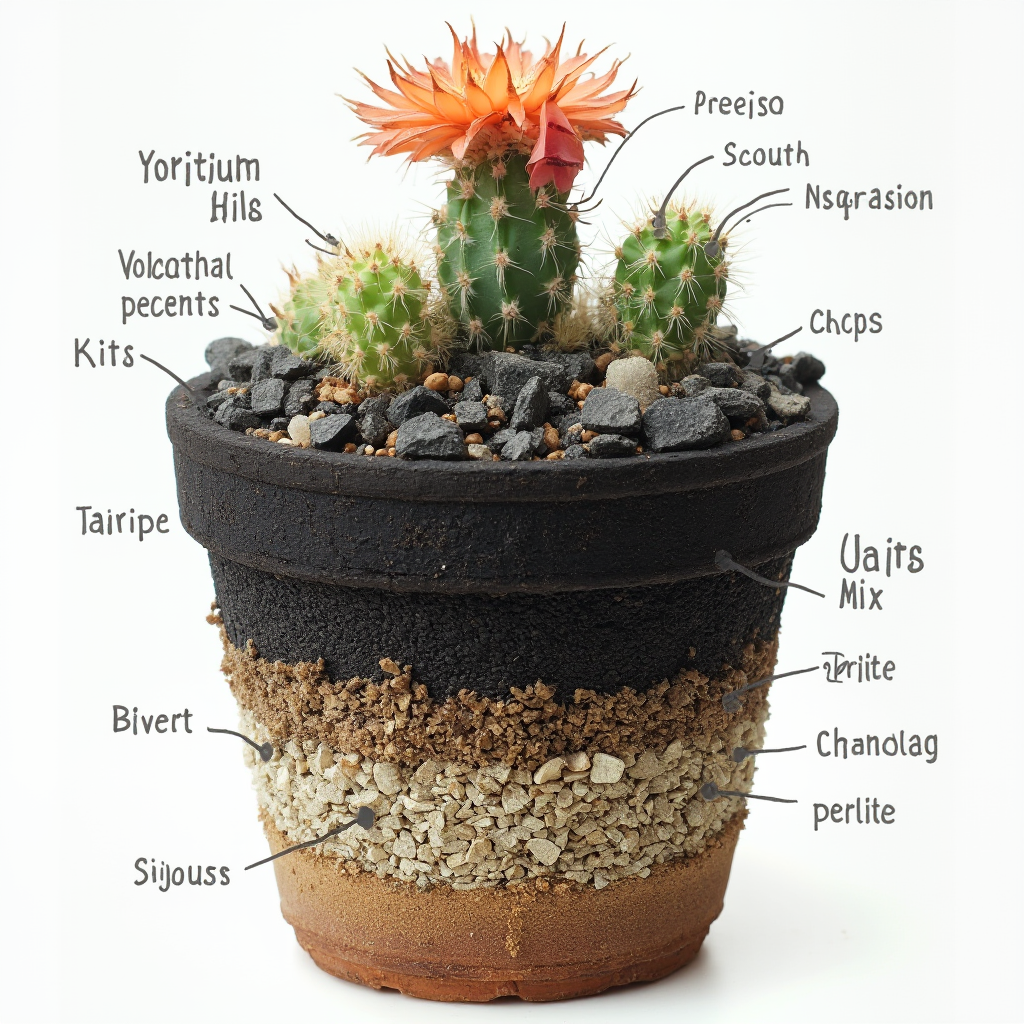 Exploded view diagram of Conophytum pageae (Conophytum pageae) pot layering: labeled volcanic rock, charcoal pieces, cactus mix with perlite, top dressing layer