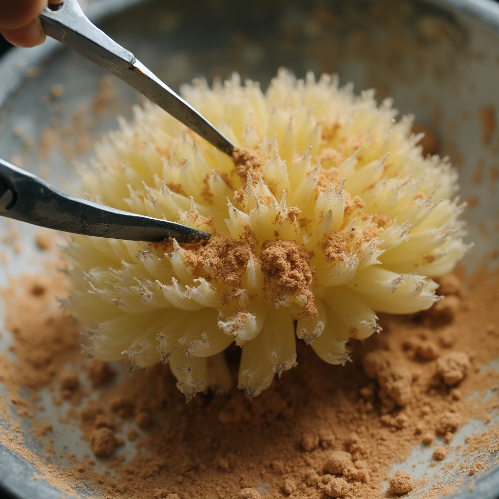 Propagation process of Conophytum pageae (Conophytum pageae): healthy cluster being divided with sterile scalpel, cinnamon powder visible for sterilization